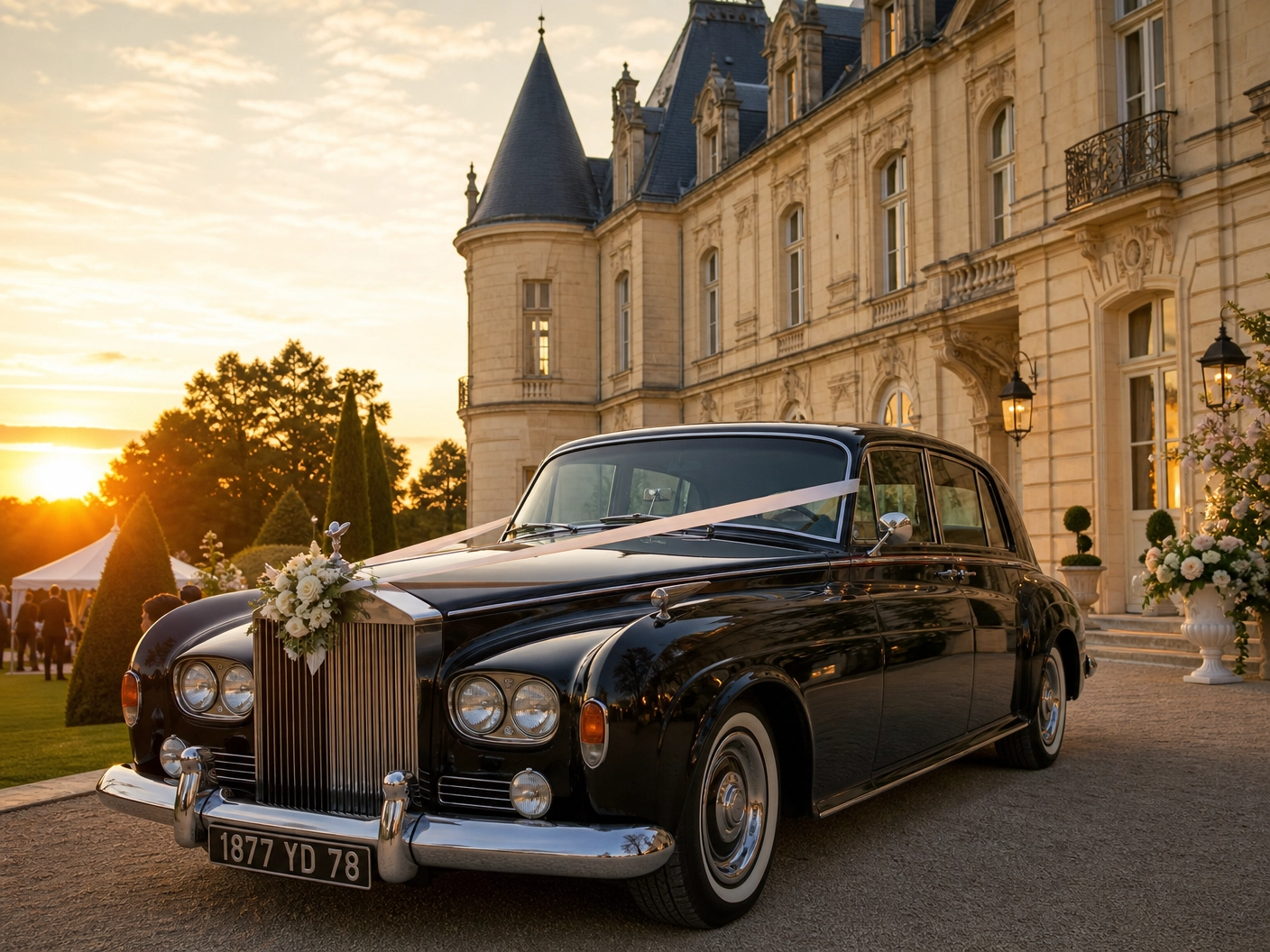 Voiture de prestige décorée pour un mariage devant un château, service événementiel de luxe