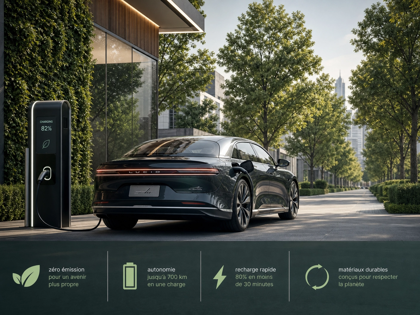 Berline de luxe électrique en charge, engagement RSE et flotte écologique de VTC