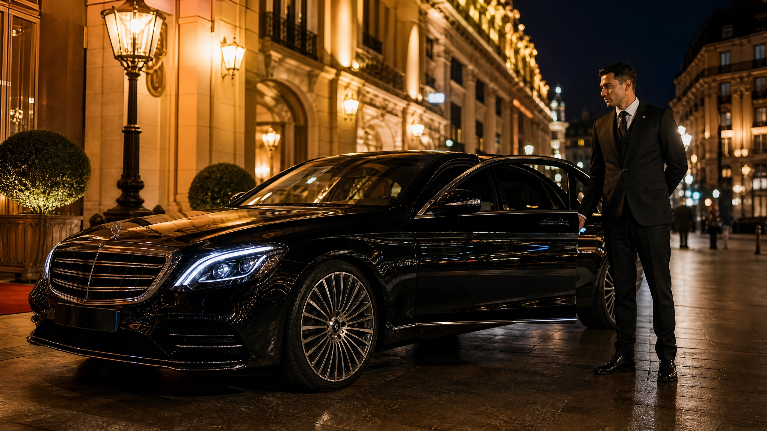 Chauffeur privé de luxe à Paris, berline noire devant un hôtel prestigieux de nuit