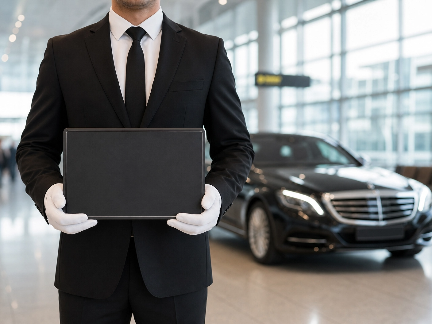 Chauffeur accueillant un client avec un panneau à l'aéroport, service de transfert premium